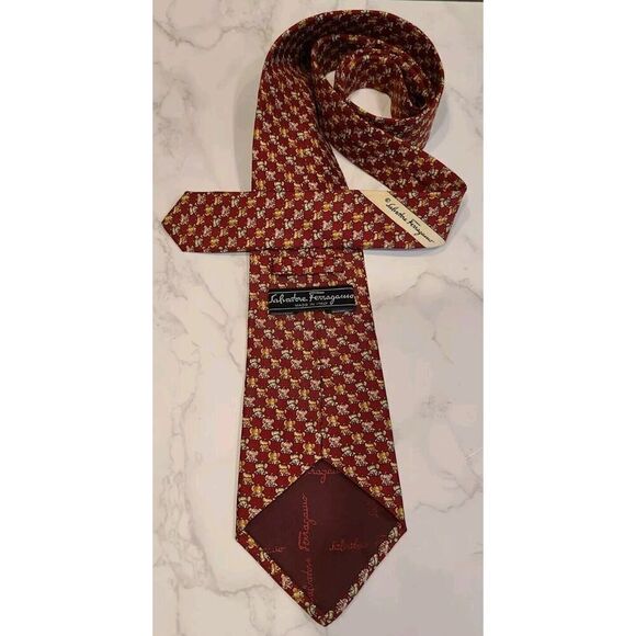 Salvatore Ferragamo Burgundy Silk Tie Pouncing Puppy Dog Whimsical Novelty EUC - Picture 4 of 5